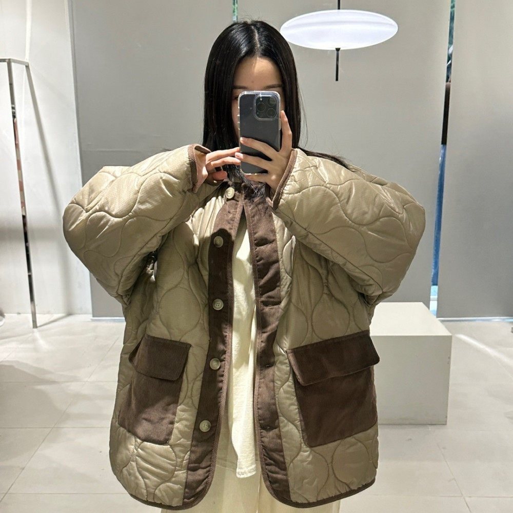 韓國chic 設計感加厚保暖燈芯絨拼接 翻領單排扣口袋時尚棉衣棉服