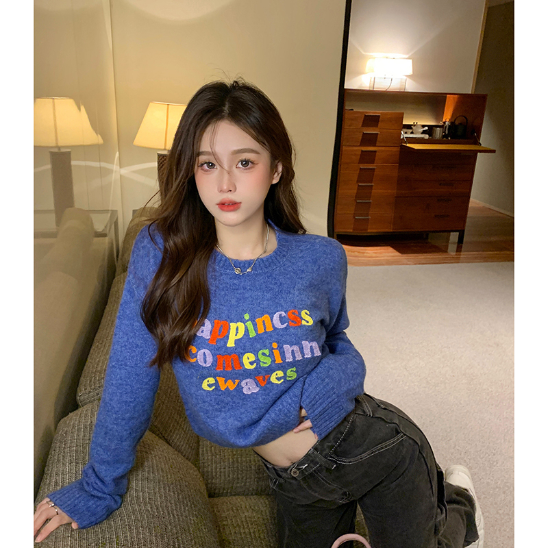 Colorful letter embroidered pullover sweater for women autumn and winter 2023 new style short loose long-sleeved knitted top