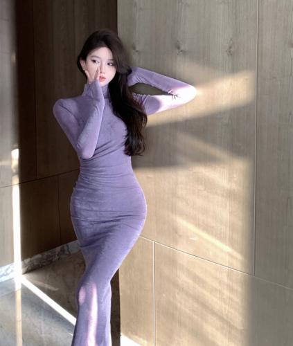 紫色高领长袖连衣裙女装春季气质性感内搭中长款打底包臀裙子