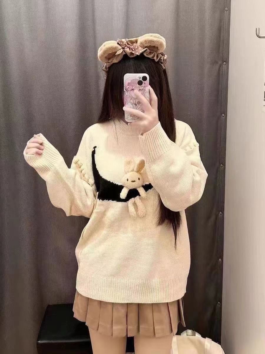 圓領明線立體兔子毛衣女秋冬早秋新款設計感卡通學生裝針織打底衫