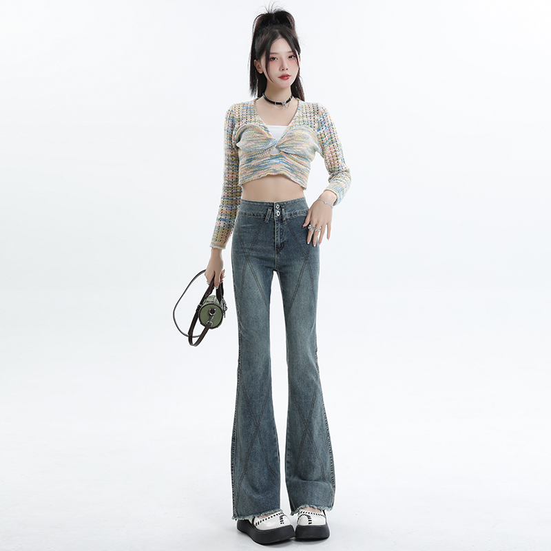 實拍2023秋季黑灰色彈力微喇叭刺繡復古牛仔褲女