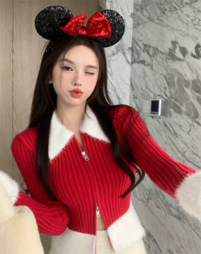 Red fur collar knitted cardigan for women, autumn and winter chic short top, thickened sweater jacket, bottoming shirt