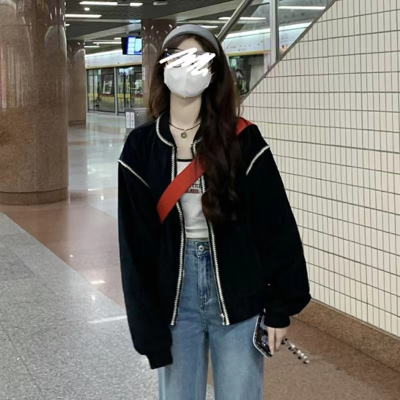 黑色美式棒球服女2023秋冬新款甜美寬鬆復古小個子學院風上衣外套