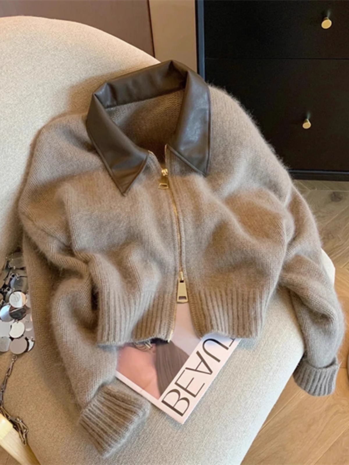 Sheep cashmere#retro design leather double zipper knitted jacket socialite foreign style short style soft and waxy