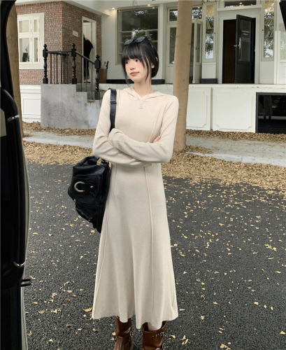 Real shots of new autumn and winter styles~Korean style hooded knitted long dress, elegant solid color coat with skirt underneath