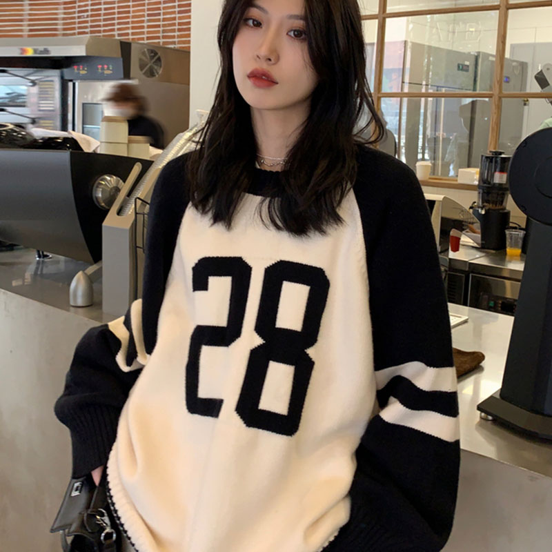學院風圓領套頭毛衣女2023冬季新款慵懶風寬鬆百搭外穿針織衫上衣