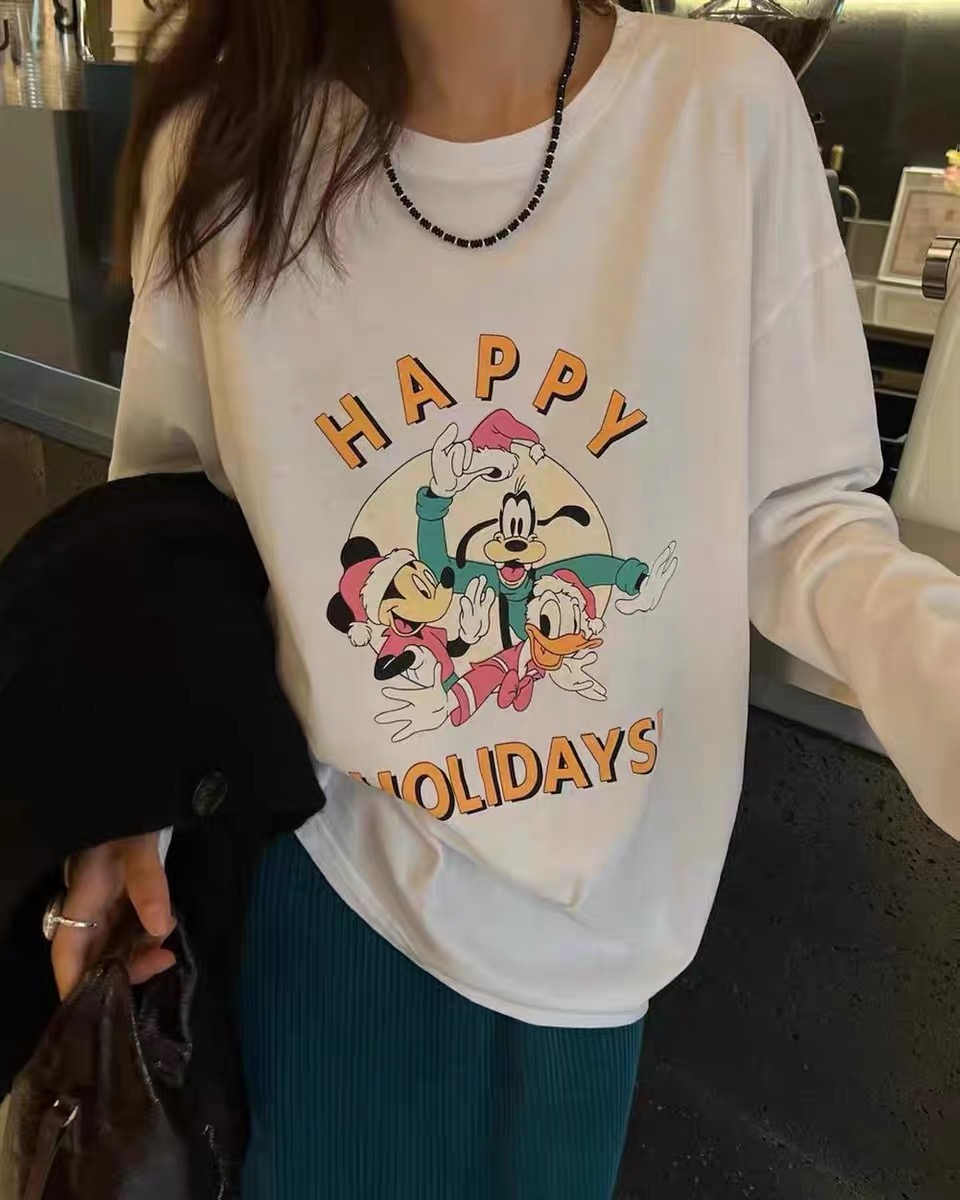 2023 Autumn and Winter Korean Style New Loose Cartoon Print Letter Round Neck Mid-Length Brushed Long Sleeve T-Shirt Women's Top