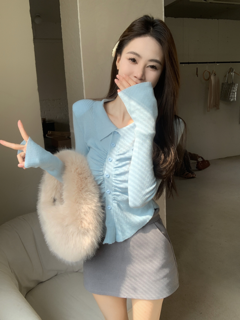 實拍 美式甜辣長袖t恤秋冬復古高級感翻領打底衫性感內搭上衣