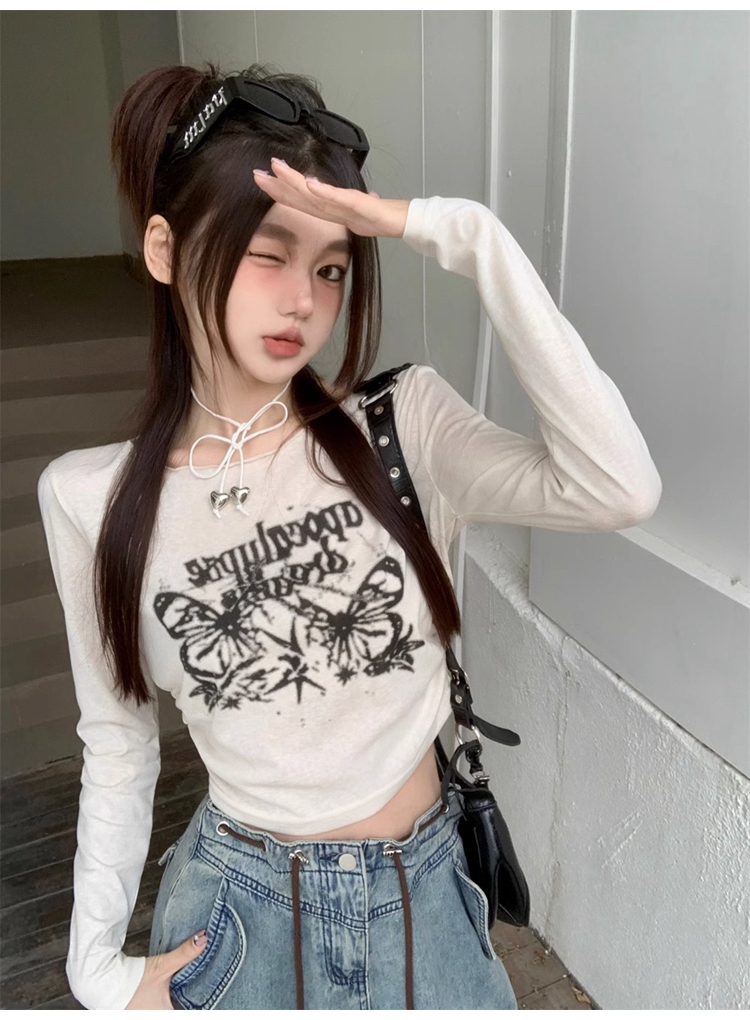 官圖 6535拉架棉 長袖T恤女美式復古蝴蝶秋季抽繩短款打底衫上衣