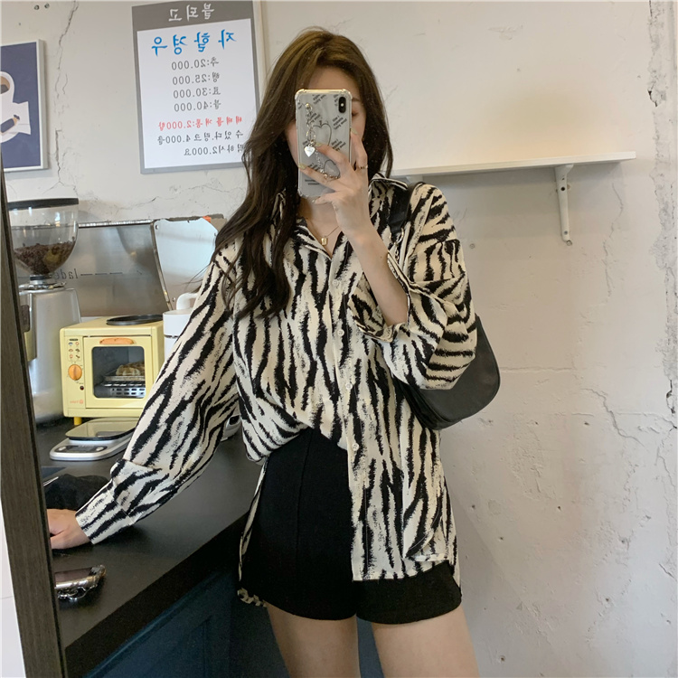 斑馬紋復古撞色長袖襯衫女設計感小眾百搭中長款法式襯衣外套