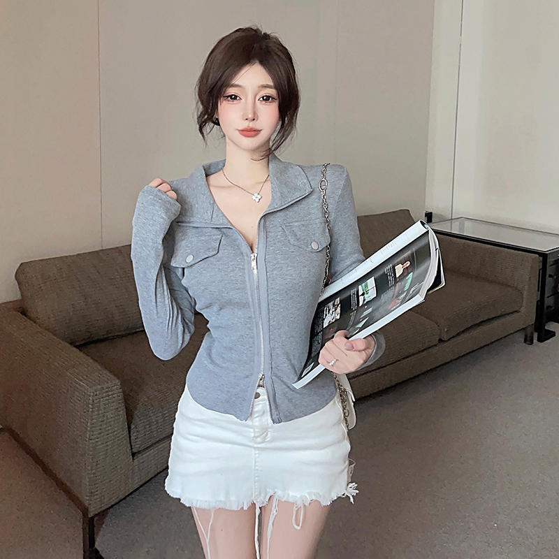 Real shot double zipper long-sleeved T-shirt autumn temperament slimming casual fashion bottoming POLO shirt new women's clothing