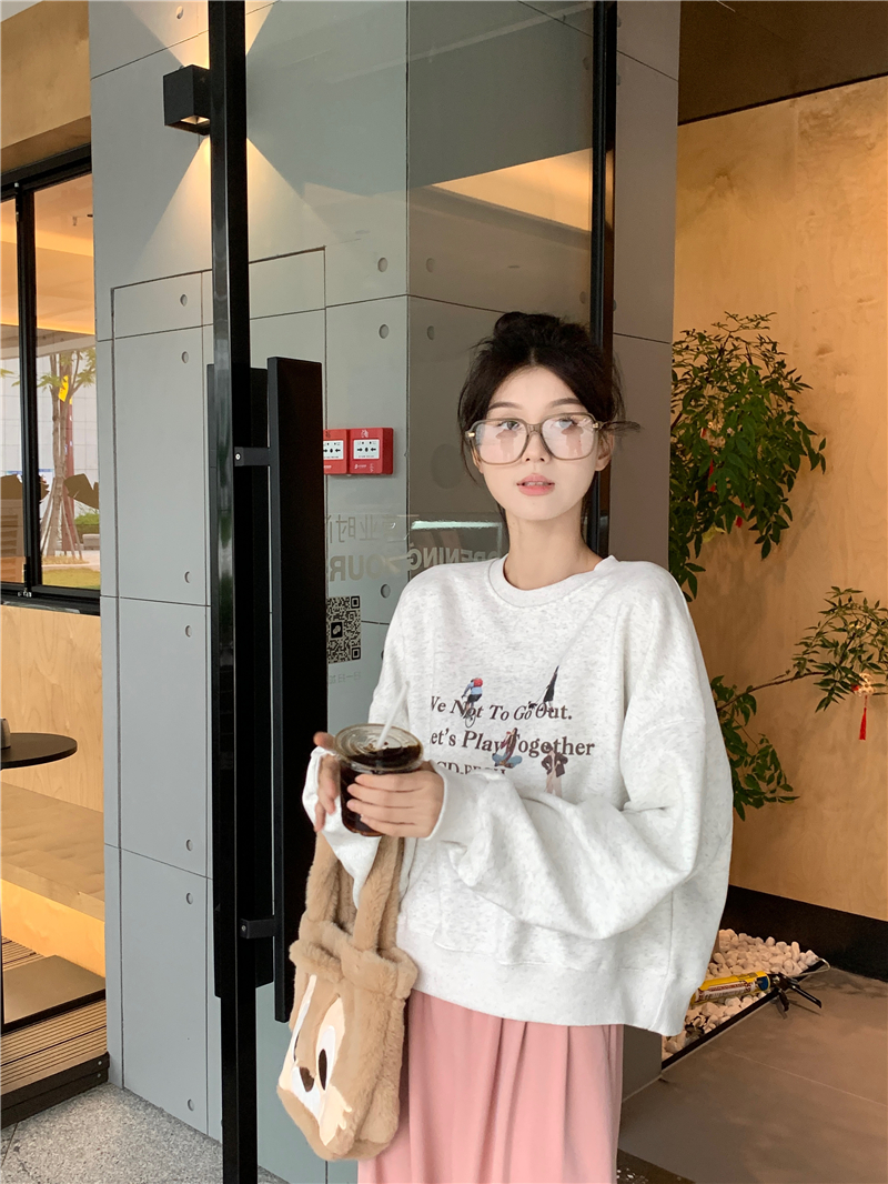 Actual shot of new Korean style loose letter print plus velvet pullover lazy style sweatshirt for women