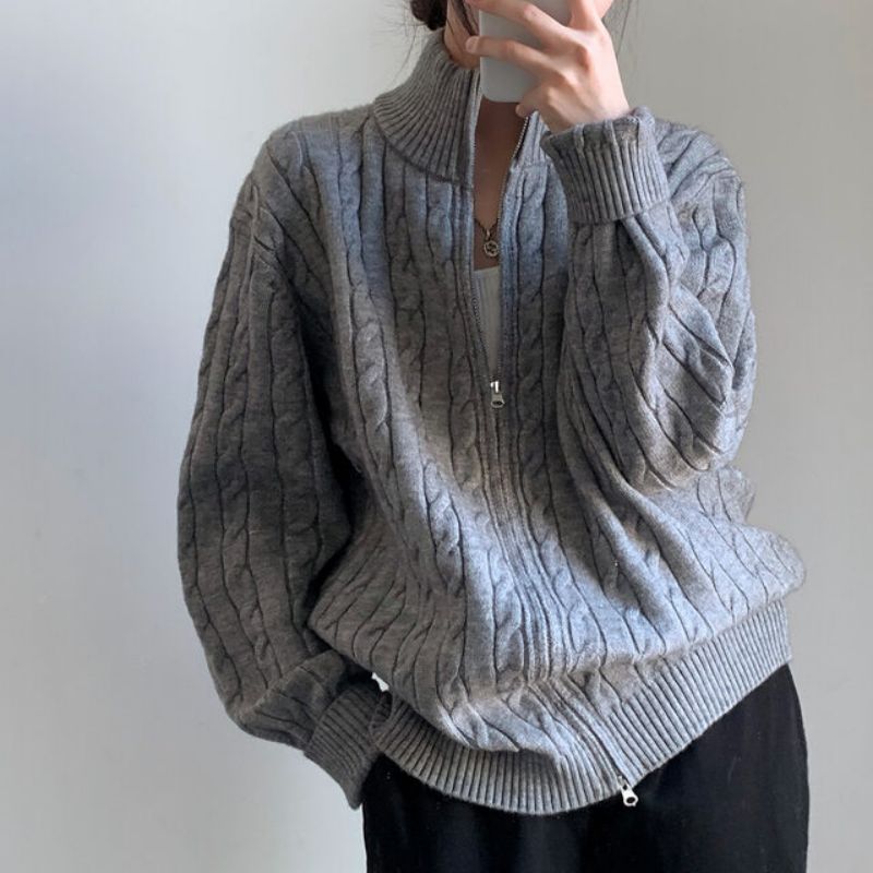 韓國chic秋冬復古麻花毛衣外套女雙頭拉鏈慵懶寬鬆保暖開衫