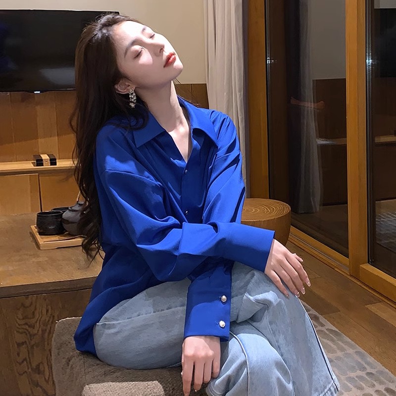 高級感克萊因藍襯衫女裝春秋輕熟風小眾V領襯衣法式氣質職業上衣