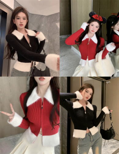 Red fur collar knitted cardigan for women, autumn and winter chic short top, thickened sweater jacket, bottoming shirt