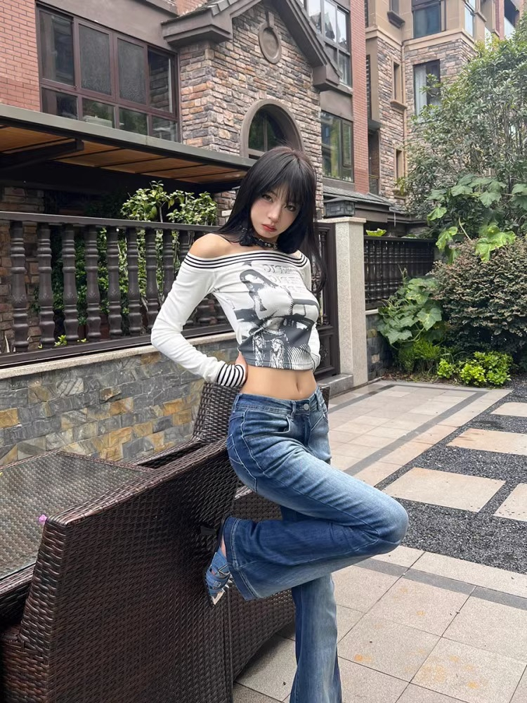 人棉莫代爾1X1隨心裁 美式辣妹復古印花一字肩長袖T恤女露肩上衣