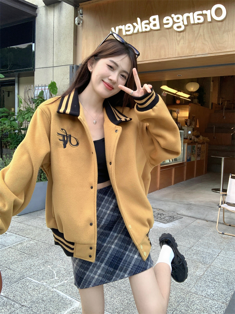 實拍 美式復古韓版POLO 領撞色夾克毛呢棒球服