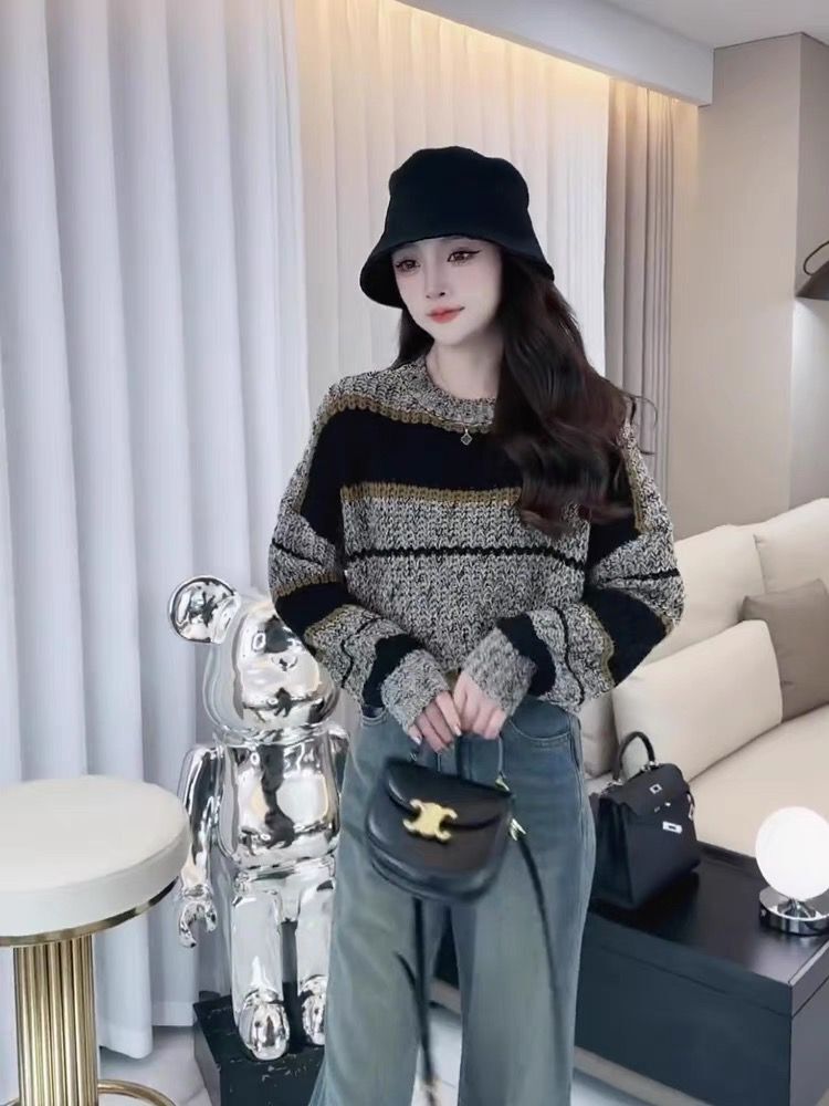 韓版復古軟糯慵懶風撞色條紋毛衣女秋冬寬鬆顯瘦休閒百搭針織衫