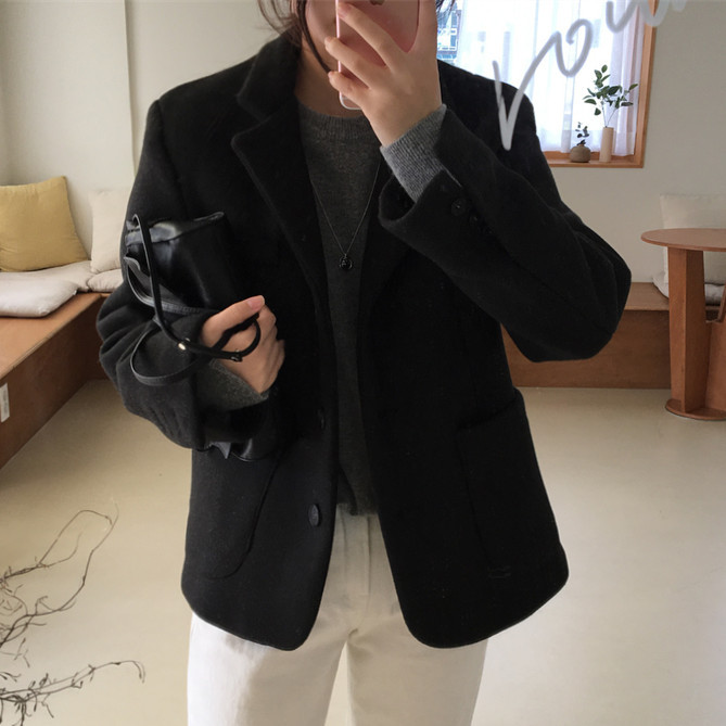 Single-breasted suit collar short jacket for women 2023 spring new Korean version small woolen suit top large size