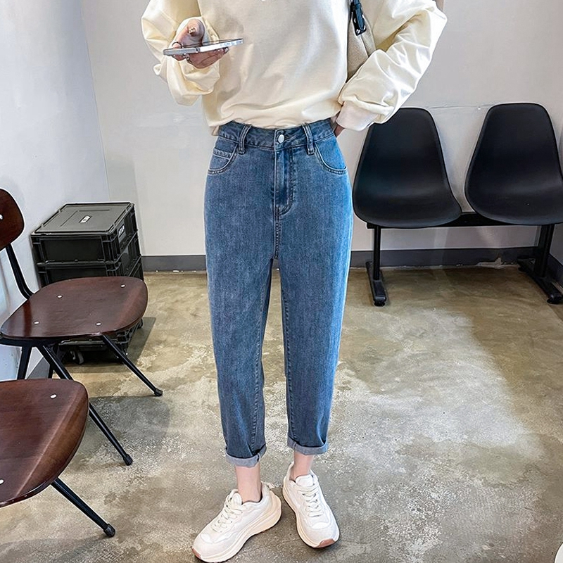 復古哈倫牛仔褲女新款秋冬高腰寬鬆直筒百搭學生九分蘿蔔老爹褲子