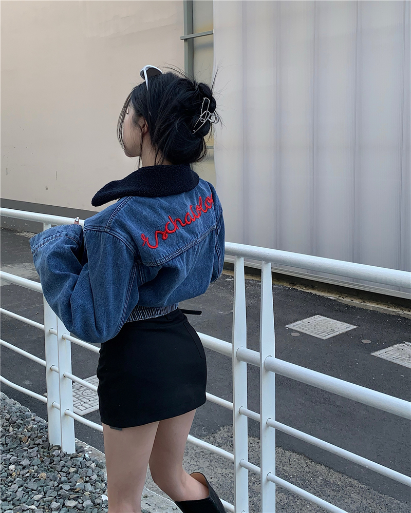 Real shot splicing short thickened denim jacket autumn and winter new Korean style loose jacket