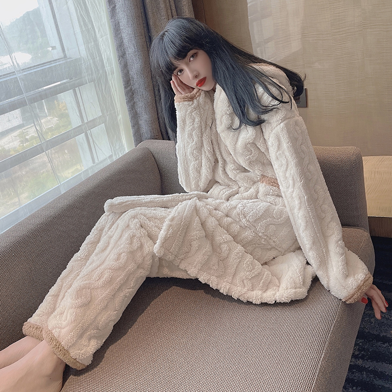 實拍秋冬新款時尚睡衣女加厚珊瑚絨可外穿連帽家居服休閒套裝