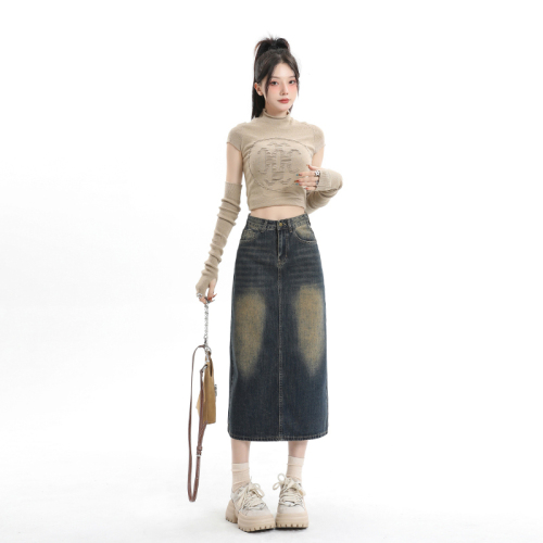 Real shot of retro cement blue autumn high-waisted back slit denim skirt for women