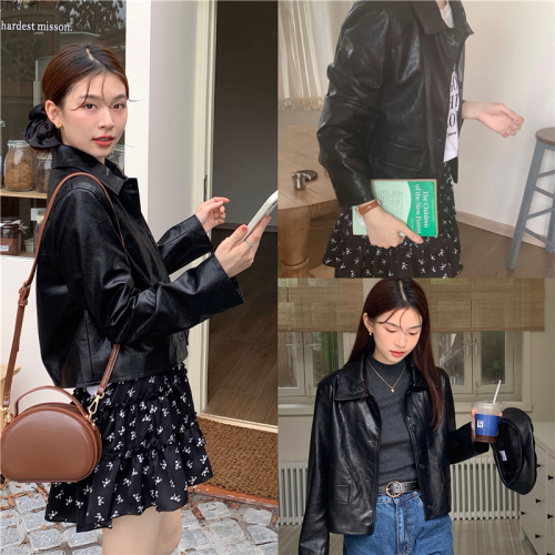 Actual shot of Korean style versatile, fashionable and high-quality leather short jacket