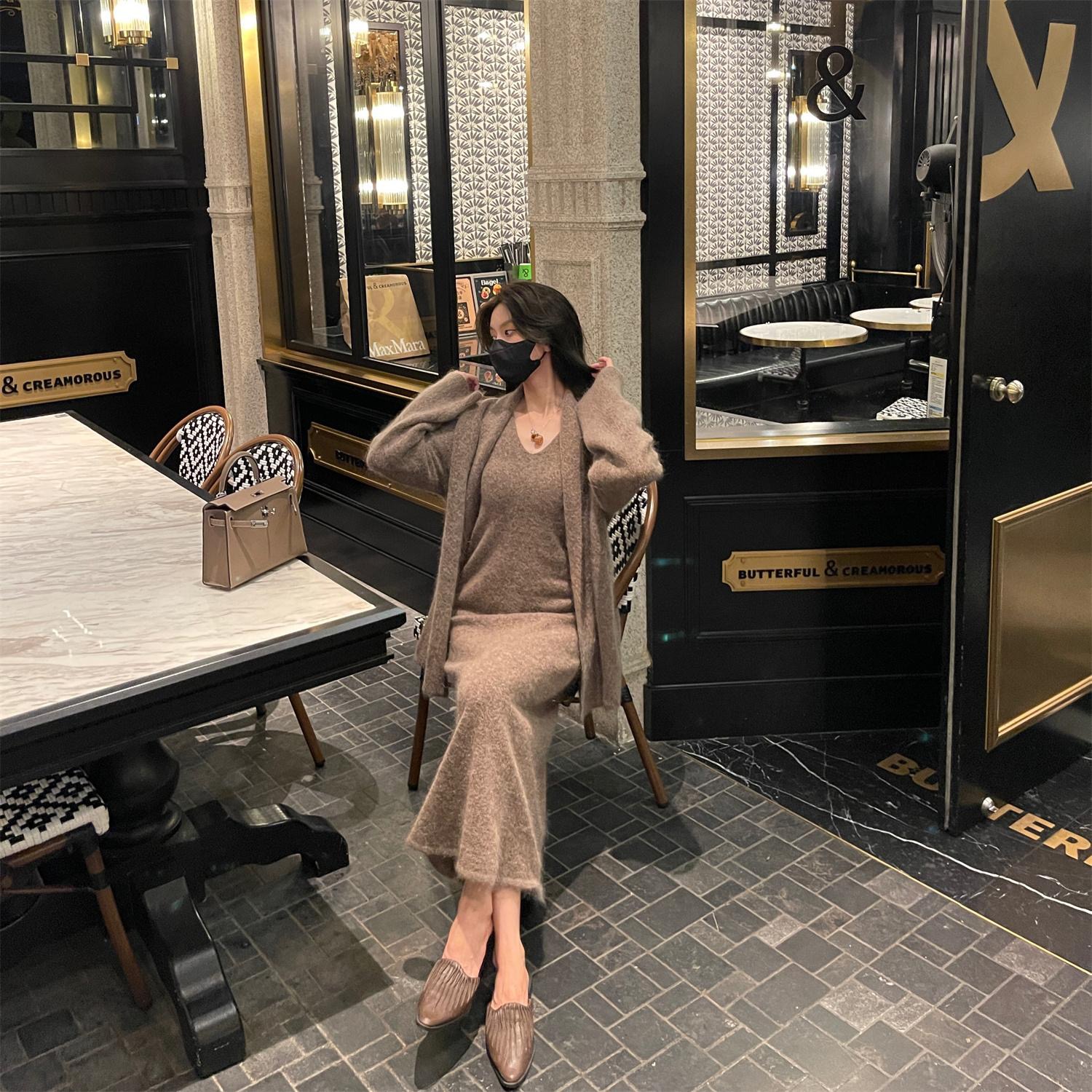 Llixu076秋季新款寬鬆慵懶風長款美拉德外套連衣裙兩件套女