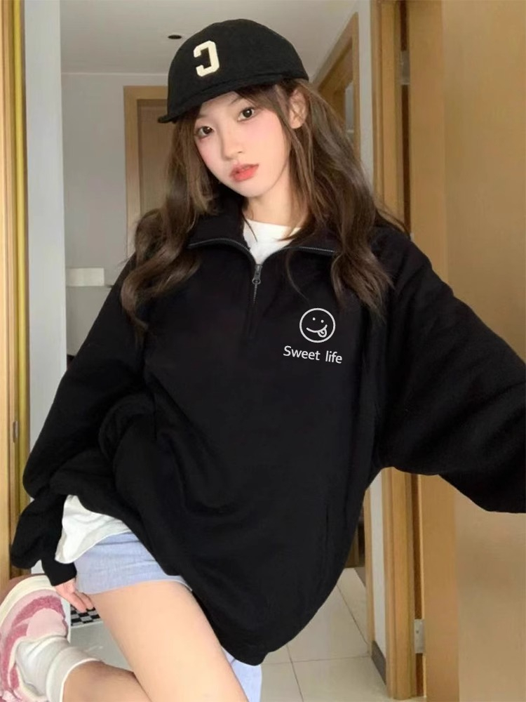 防棉華棉複合牛奶絲300克銀狐絨400克Polo領半拉鏈衛衣女