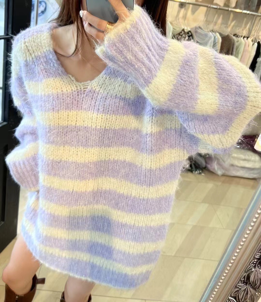 韓系撞色條紋中長款粗線毛衣女秋冬新款V領寬鬆慵懶風針織衫上衣