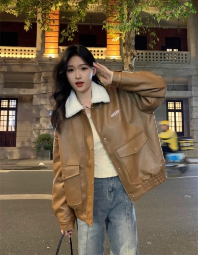 Actual shot of new winter loose cotton PU leather jacket motorcycle jacket