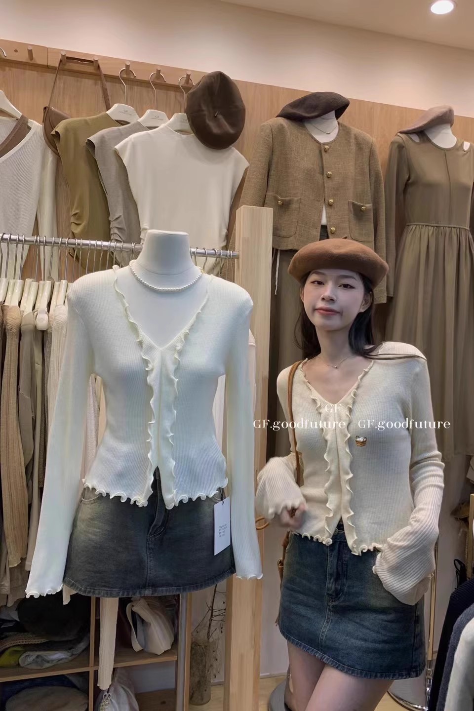 French earring V-neck trumpet long-sleeved sweater for women spring and autumn slit slim inner layering shirt short top