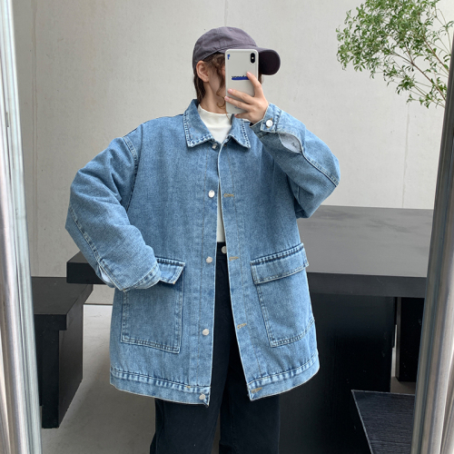Real shot, velvet and thickening, 2023 new denim women's autumn and winter loose Harajuku bf style retro denim jacket trend