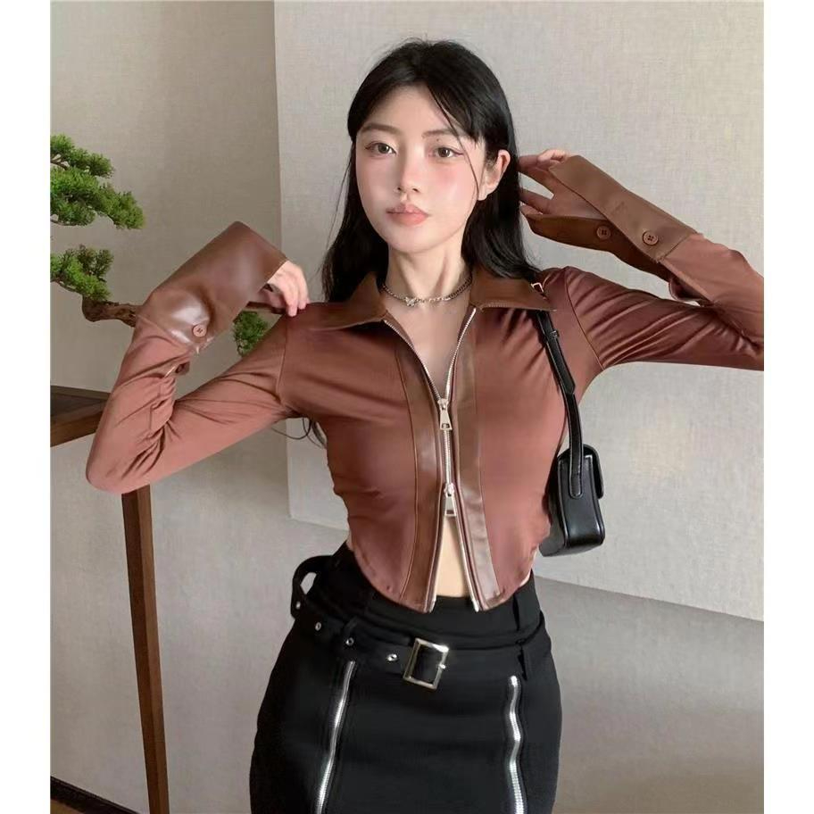 設計感小眾別致襯衫女皮拼接拉鏈修身顯瘦長袖上衣