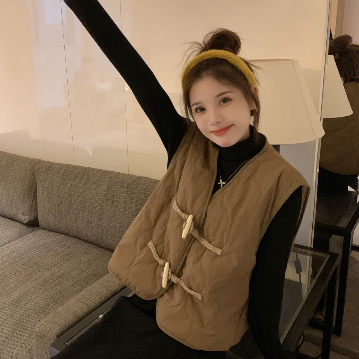 復古韓版牛角扣棉服背心外套女2023秋冬保暖氣質無袖疊穿松馬甲女