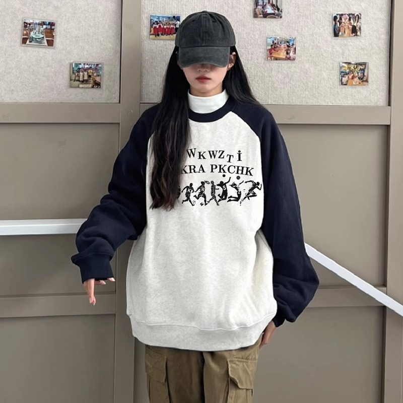 復古港風chic插肩圓領衛衣女秋冬新款oversize加絨加厚情侶裝上衣