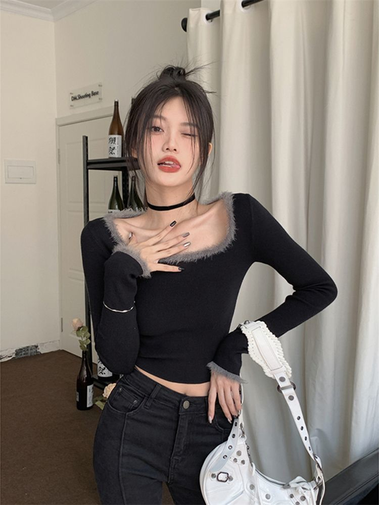 官圖 德絨 方領打底衫T恤女春秋新款法式高級感洋氣長袖撞色上衣