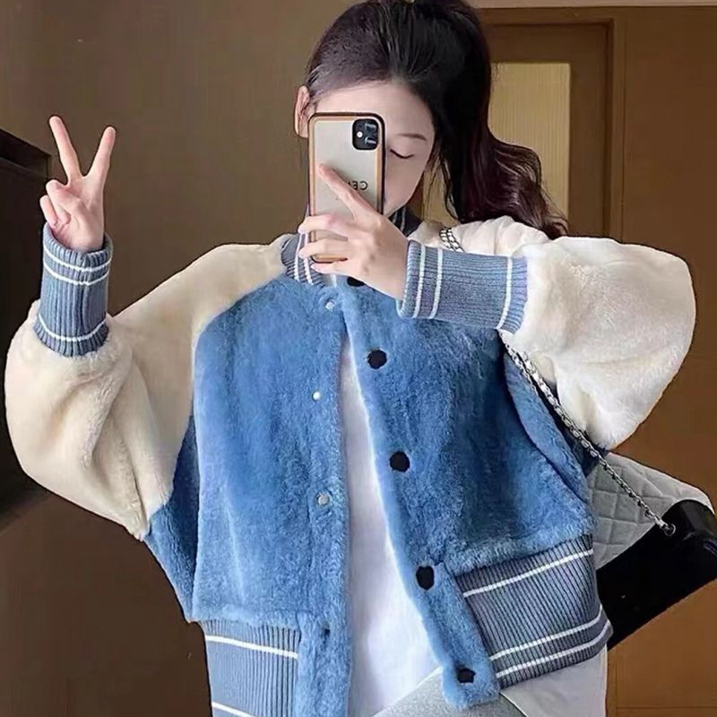 時尚潮流羊羔慵懶風長袖開衫秋冬新款撞色拼接寬鬆百搭棒球服上衣