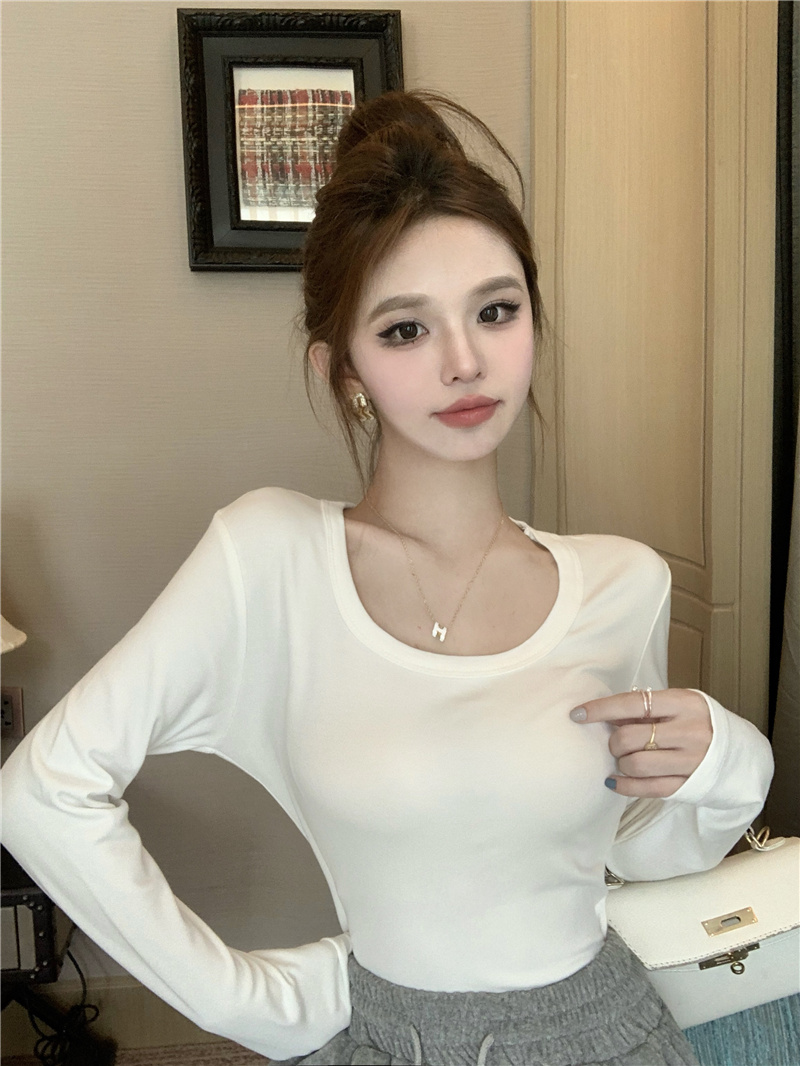 實拍~2023冬季新款加絨百搭圓領基礎款長袖打底衫簡約t恤女