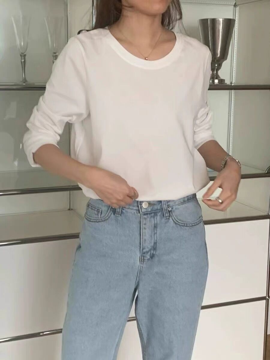 Actual shot ~ 100% cotton solid color round neck long-sleeved top as a base simple basic T-shirt