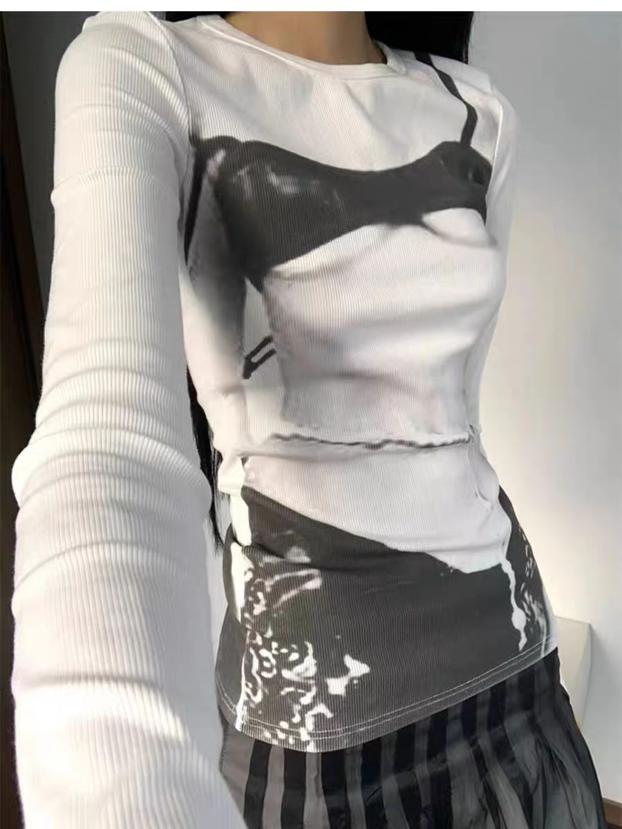 American hot girl design slimming and versatile long-sleeved T-shirt