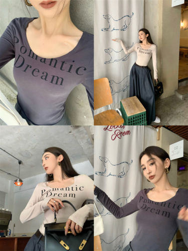 Korean version of retro letter long-sleeved T-shirt for women in autumn new hot girl versatile slim inner top and bottoming shirt