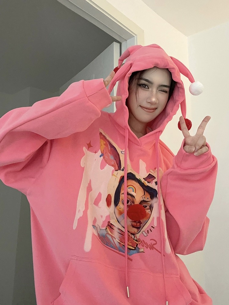 純棉 加絨 美式慵懶風小丑印花寬鬆百搭連帽衛衣