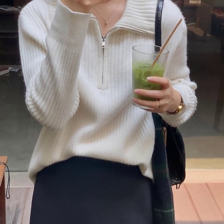 秋冬季拉鏈毛衣女慵懶風寬鬆外穿軟糯設計感Polo領套頭針織衫上衣