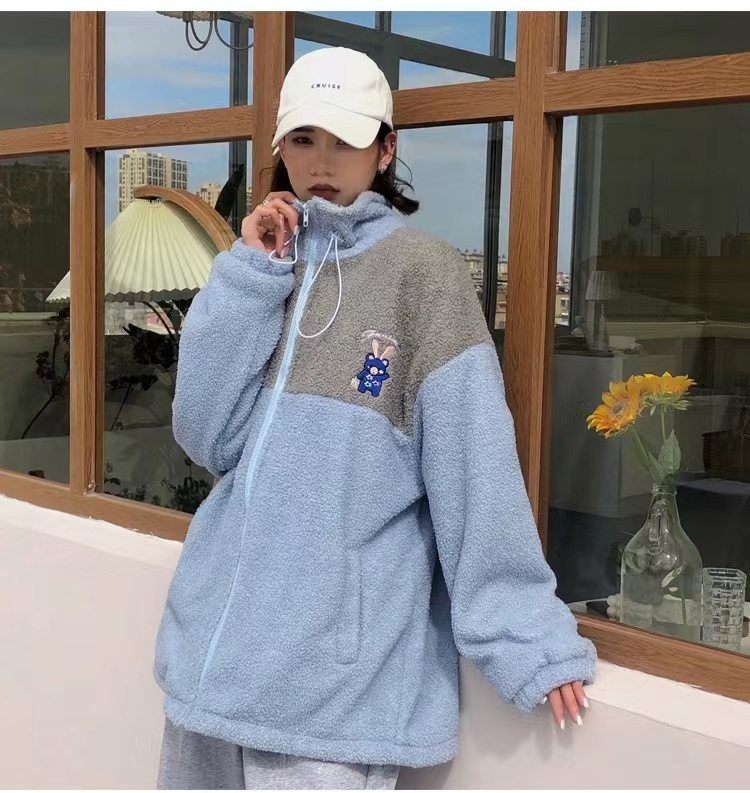 Lamb fleece jacket women's autumn and winter clothing 2023 new junior high school and high school students Korean style loose thickened splicing cotton clothing trendy