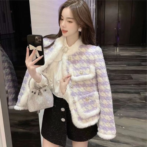 Dongdaemun Mink Fur Small Fragrance Jacket Women's Autumn and Winter Houndstooth Violet Socialite Thickened Woolen Clothes