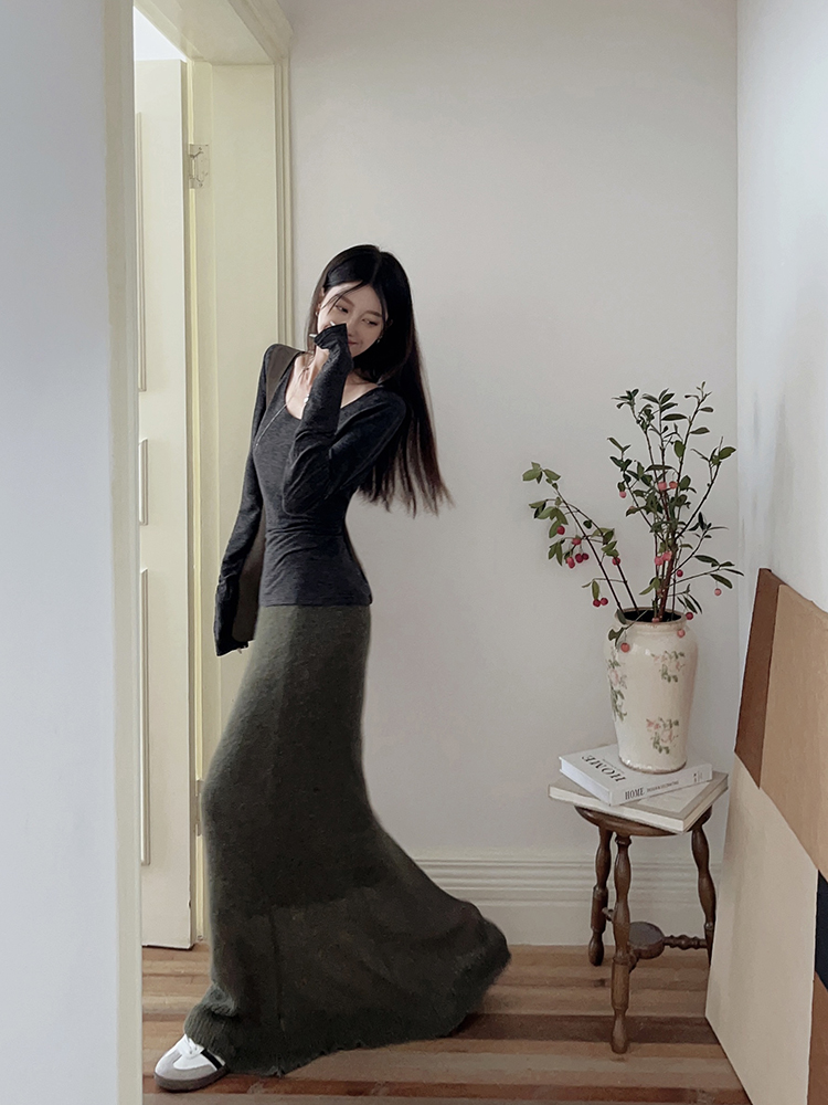 實拍新款長袖T恤打底衫中長款半身裙氣質魚尾裙馬海毛裙子
