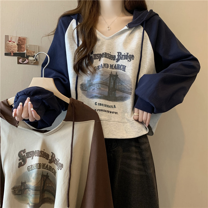 實拍 連帽插色短款薄款衛衣女
