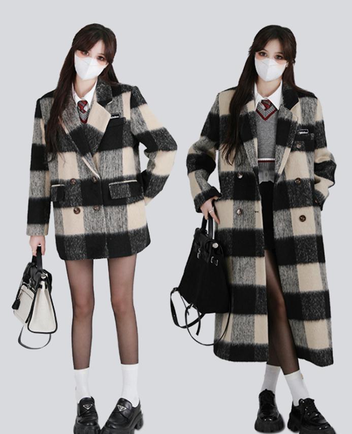 Drawing explanation WAHJUIS black and white filter plaid woolen blazer women's winter Korean mid-length woolen coat